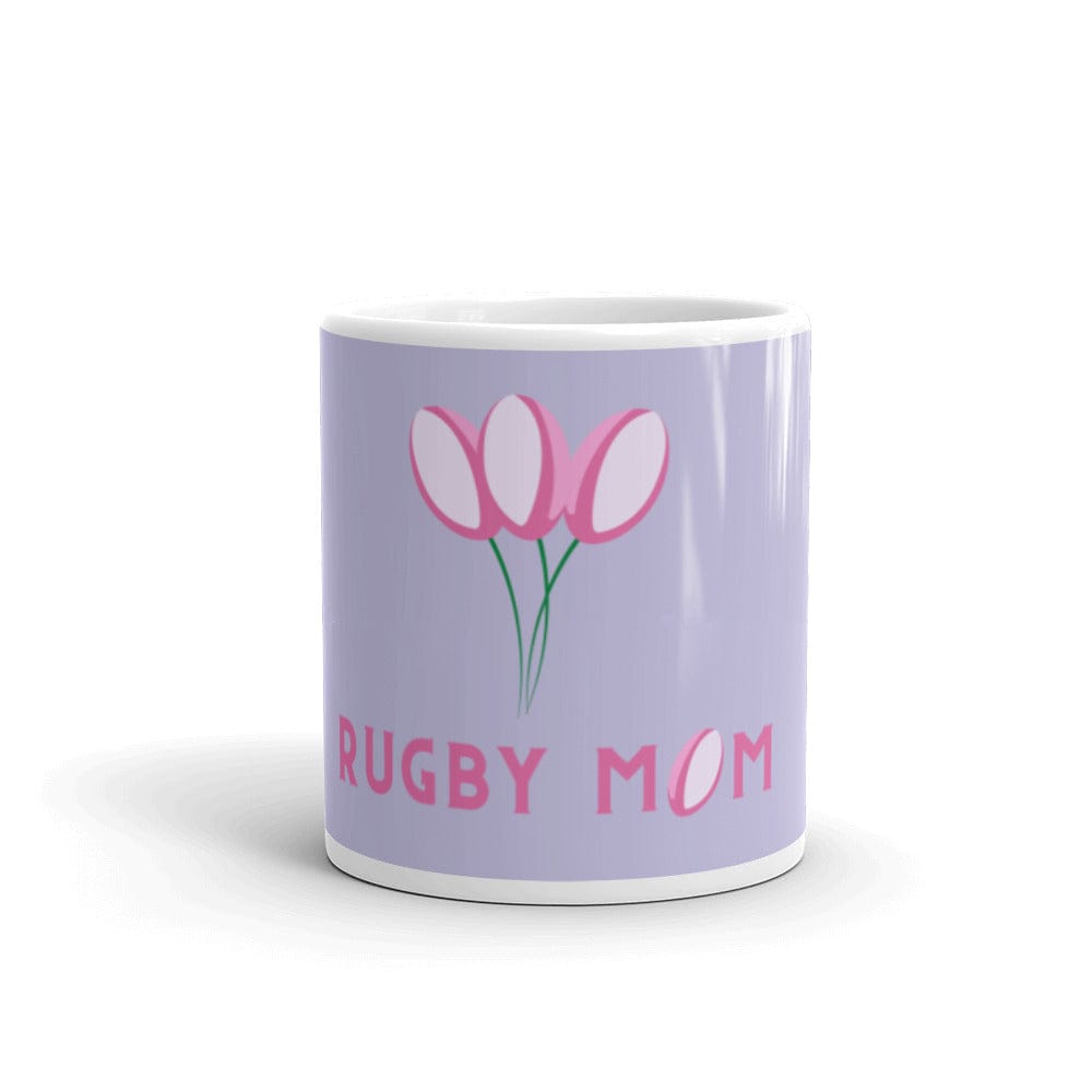 Lavender and white ceramic mug with a pink 'Rugby Mom' inscription and a bouquet of rugby ball flowers.