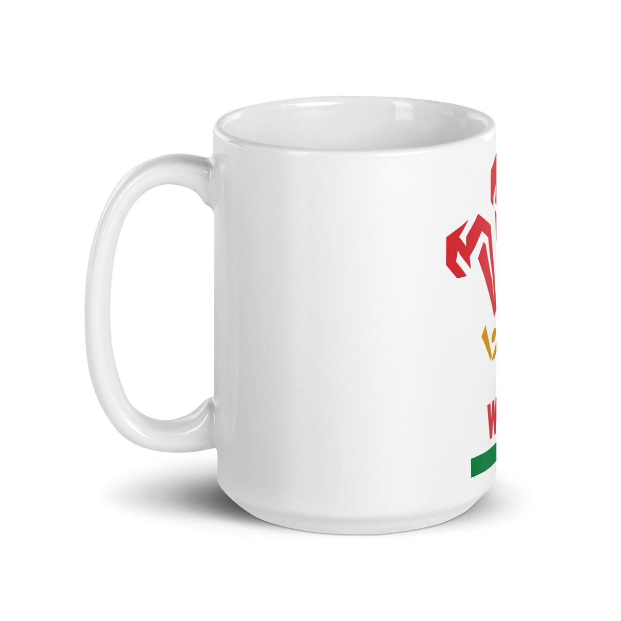 A white Wales Rugby Union mug with an Italian flag on it.