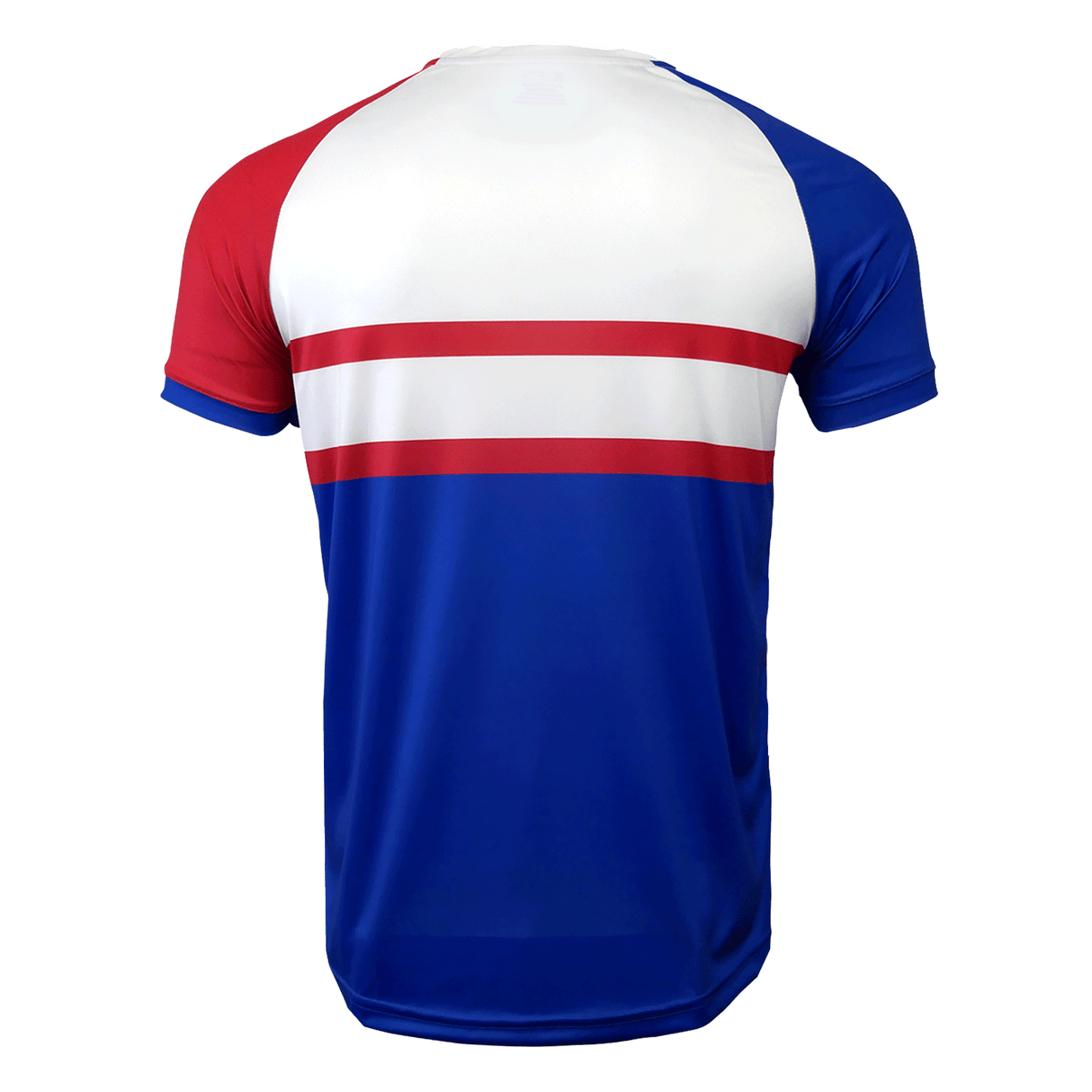 Back of France jersey in red, white and blue. Red left shoulder and sleeve. Blue right shoulder and sleeve. Two red horizontal stripes in the center with blue below.