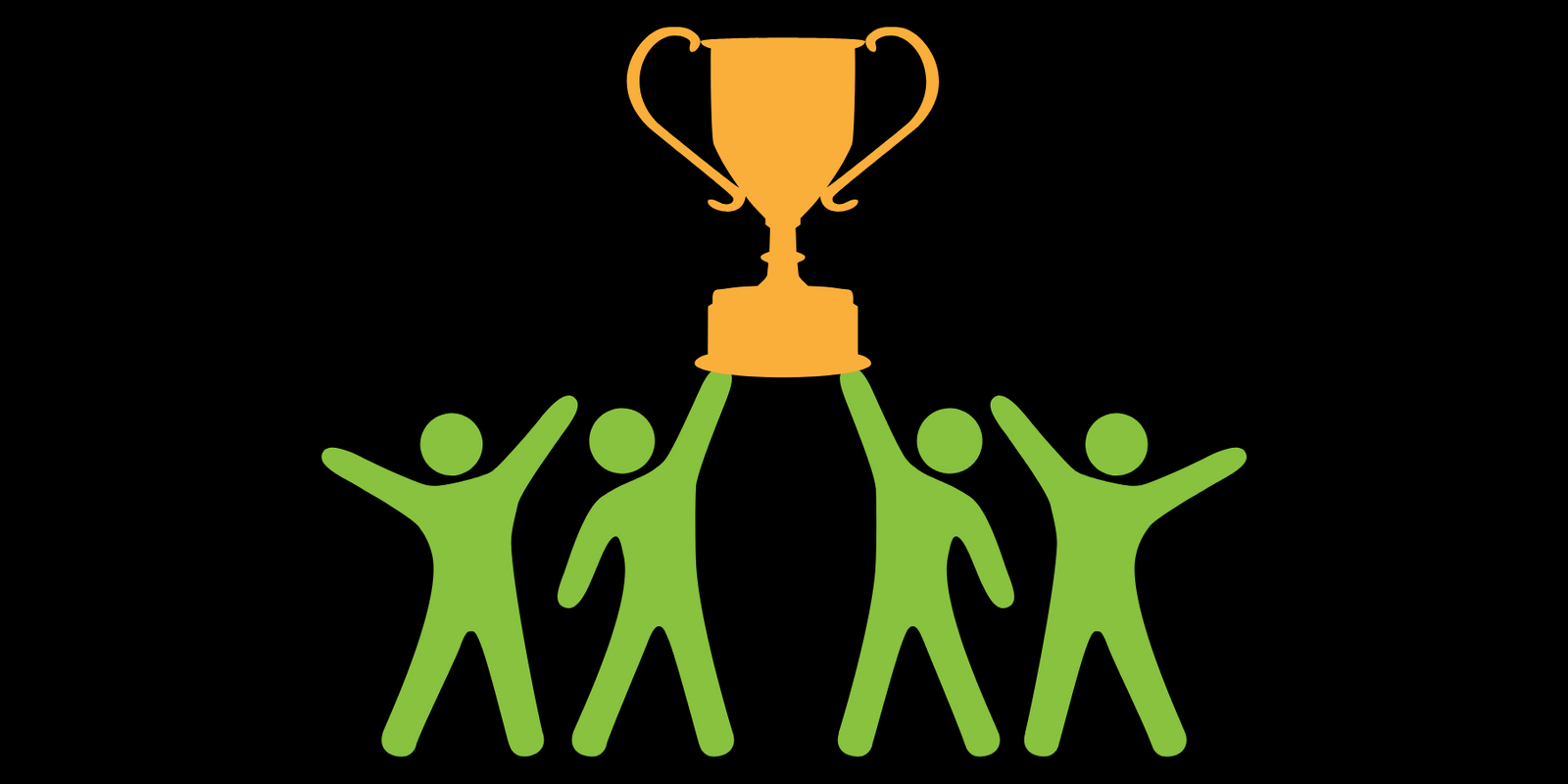Four green people holding up a gold trophy