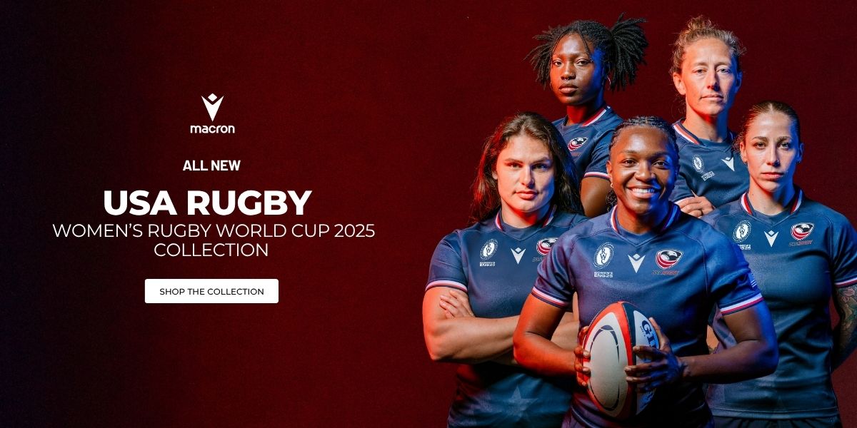 Five female rugby players in USA uniforms pose against a red background, promoting the Women’s Rugby World Cup 2025 collection for USA Rugby. A "Shop the Collection" button is visible.