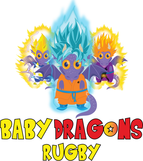 Illustration of three cartoon baby dragons with colorful hair and wings above the text "Baby Dragons Rugby" in large, bold letters.