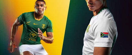 Two athletes wear South African rugby jerseys, one in green sprinting forward, and the other in a white jersey showing the South African flag on the sleeve.