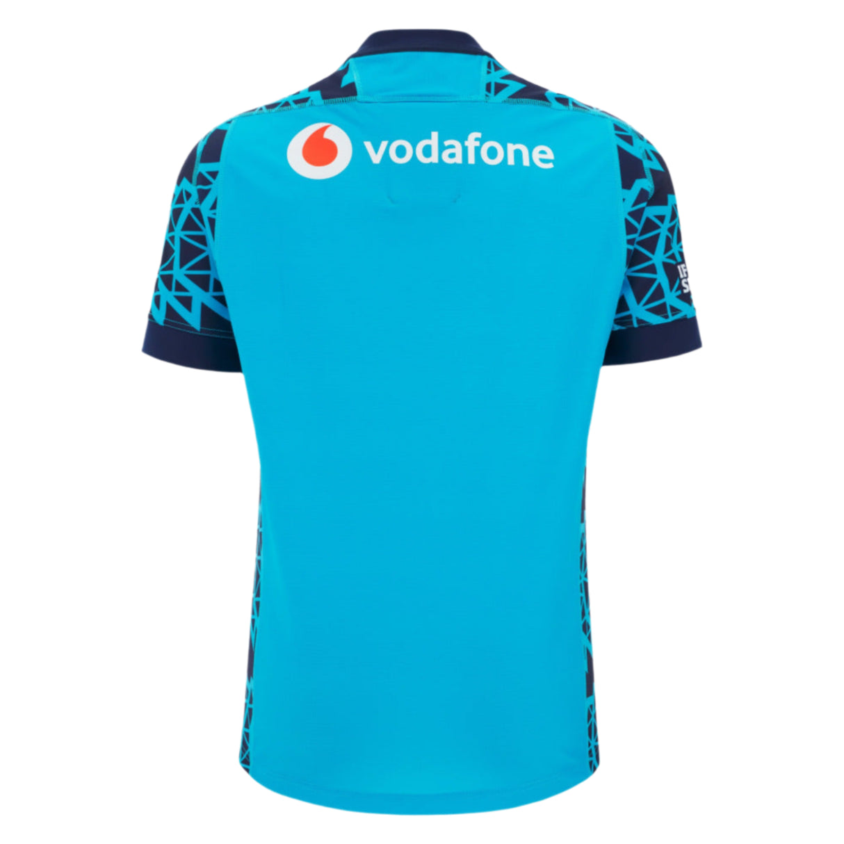 Back view of the Scotland 25/26 Sky Training Jersey by Macron, with blue geometric sleeve patterns and the "vodafone" logo on the upper back—a perfect pick for Scottish Rugby fans.