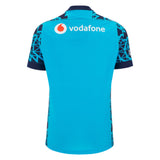 Back view of the Scotland 25/26 Sky Training Jersey by Macron, with blue geometric sleeve patterns and the "vodafone" logo on the upper back—a perfect pick for Scottish Rugby fans.