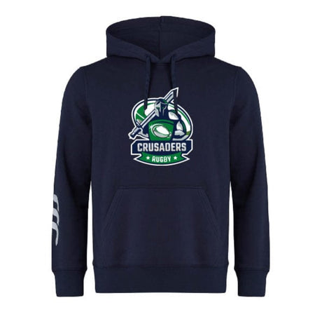 The WRS Canterbury Naperville Crusaders Frosh Soph Champions Club Hoodie features the team logo on the front, three white stripes on the left sleeve, and is custom made for devoted fans. Navy blue color by Canterbury.