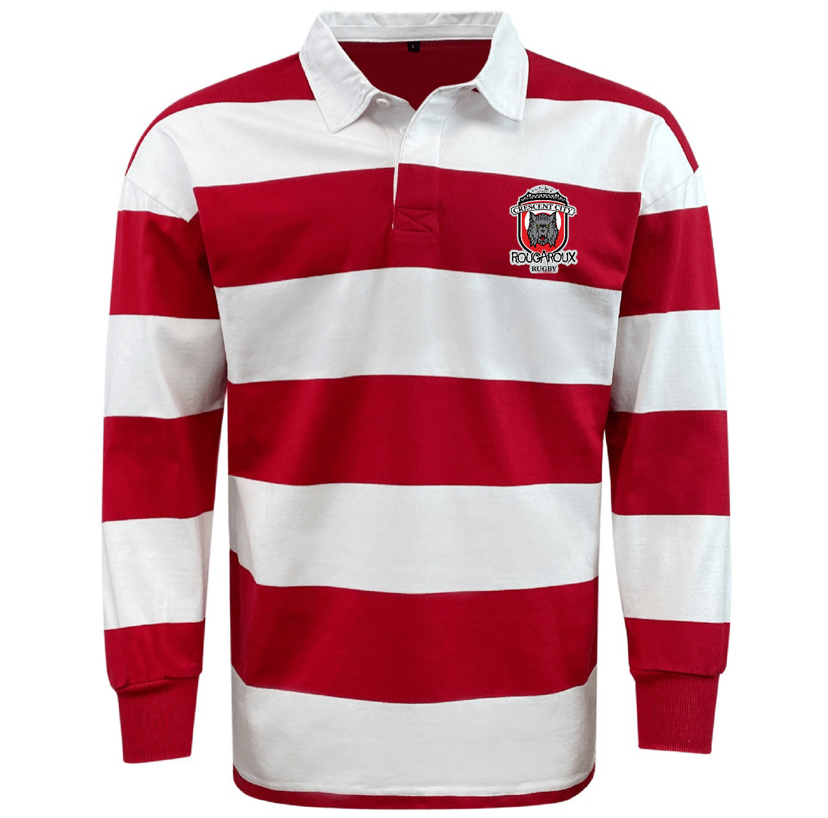 The EMB Mudoo Crescent City Rougaroux Hooped Rugger - Red features bold red and white stripes, a white collar, an embroidered chest logo, and a relaxed fit for comfortable, classic style.