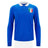 The Italy 25/26 Vintage Long Sleeve Supporters Jersey by Macron features a blue rugby-inspired design, white collar, and an F.I.R. badge with the Italian flag on the left chest.
