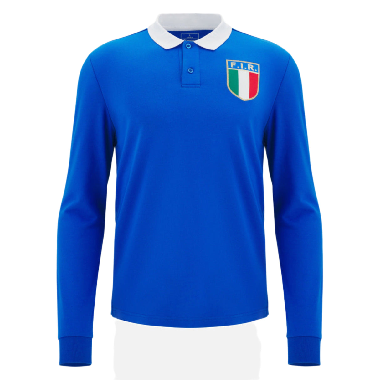 The Italy 25/26 Vintage Long Sleeve Supporters Jersey by Macron features a blue rugby-inspired design, white collar, and an F.I.R. badge with the Italian flag on the left chest.