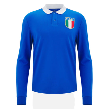 The Italy 25/26 Vintage Long Sleeve Supporters Jersey by Macron features a blue rugby-inspired design, white collar, and an F.I.R. badge with the Italian flag on the left chest.