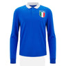 The Italy 25/26 Vintage Long Sleeve Supporters Jersey by Macron features a blue rugby-inspired design, white collar, and an F.I.R. badge with the Italian flag on the left chest.