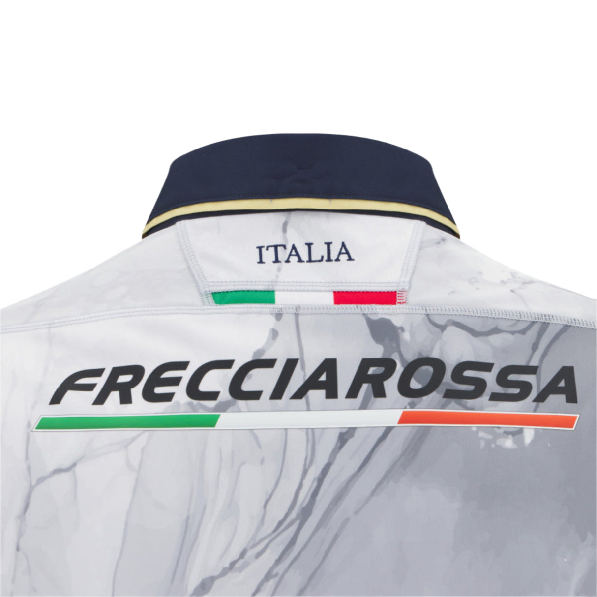 Back view of the Italy 25/26 Replica Away Jersey by Macron, showing "ITALIA" and "FRECCIAROSSA" text, Italian flag detail, and marble-inspired pattern—ideal for fans of the iconic Macron shirt.