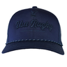 The EMB Augusta USA Rugby Tonal Elevated Eagle Braid Trucker Cap is navy blue with "USA Rugby" and an eagle logo embroidered on the front, plus a dotted pattern accenting the brim for added style.