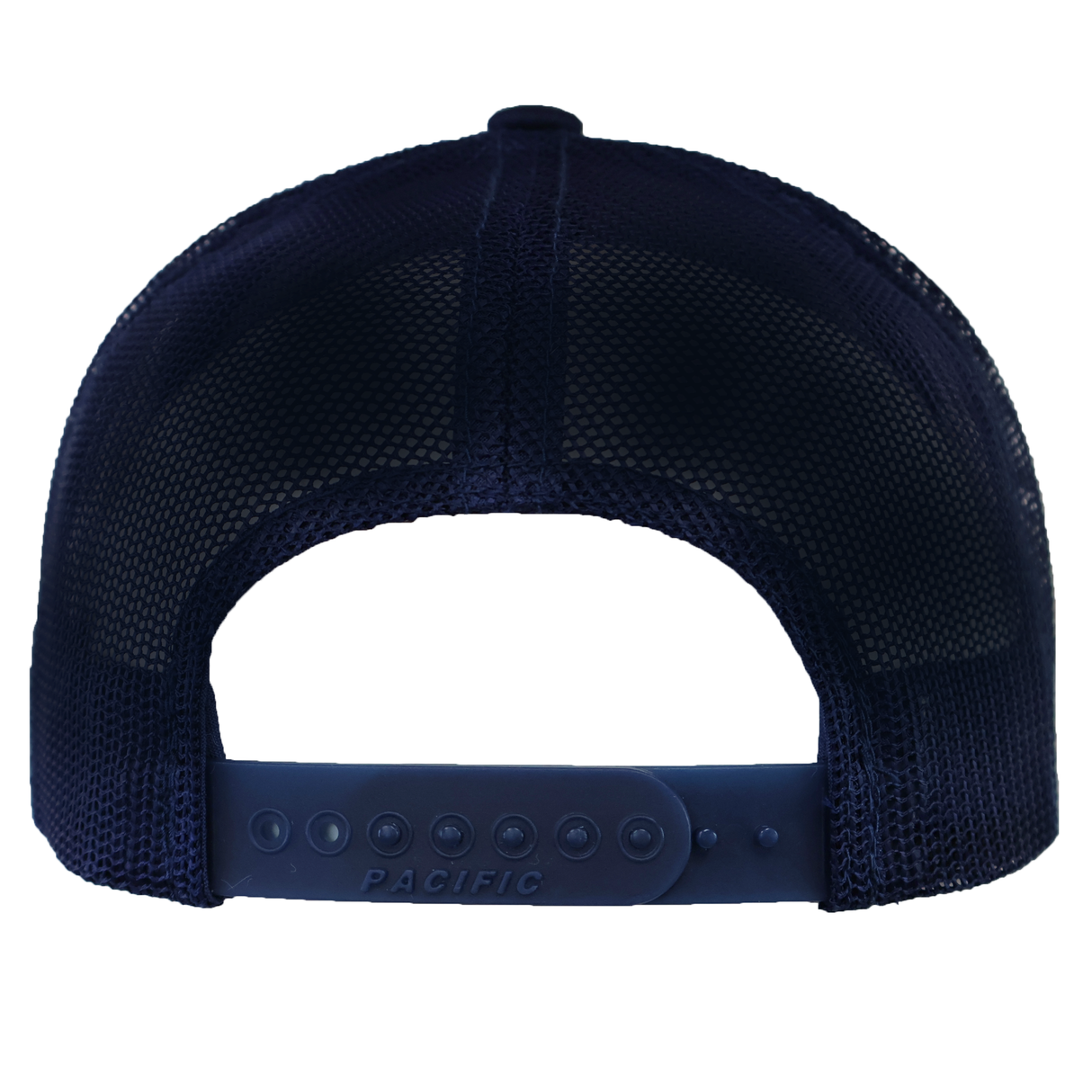 Rear view of the EMB Augusta USA Rugby Tonal Elevated Eagle Braid Trucker Cap in dark navy, featuring mesh panels and an adjustable snapback with "PACIFIC" on the strap—a classic USA Rugby-inspired style.