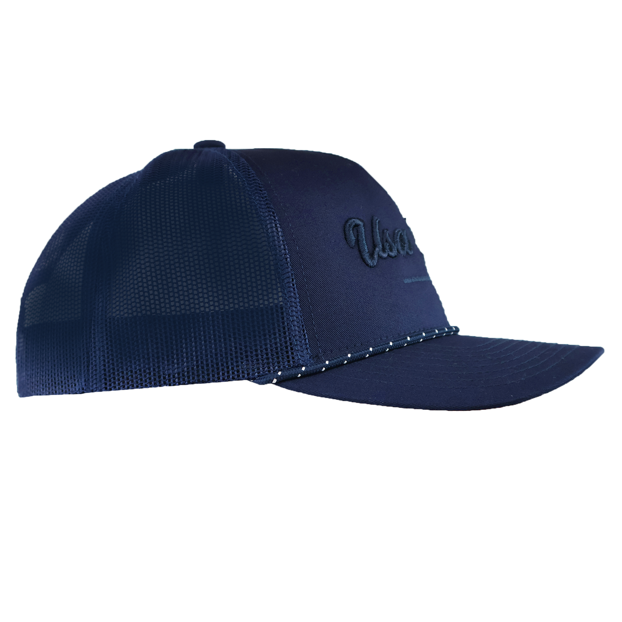 The USA Rugby Tonal Elevated Eagle Braid Trucker Cap by EMB Augusta features navy blue mesh, a curved brim with decorative stitching, and an embroidered USA Rugby text and Eagle on the front panel.