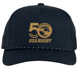 The black USA Rugby 50th Anniversary Trucker Snapback Braid Cap by EMB Augusta showcases a gold eagle and stars logo.