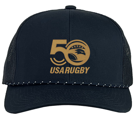 The black USA Rugby 50th Anniversary Trucker Snapback Braid Cap by EMB Augusta showcases a gold eagle and stars logo.