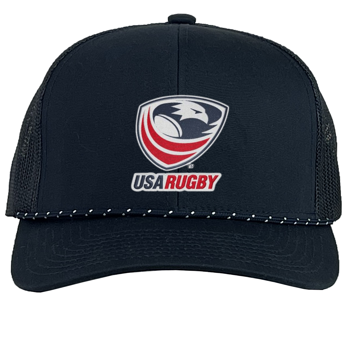 The EMB Augusta USA Rugby Trucker Snapback Braid Cap features a red, white, and blue eagle logo, a breathable mesh back, and detailed white brim stitching—ideal for rugby fans.
