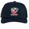 The EMB Augusta USA Rugby Trucker Snapback Braid Cap features a red, white, and blue eagle logo, a breathable mesh back, and detailed white brim stitching—ideal for rugby fans.