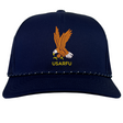 The EMB Augusta USA Rugby Heritage Braid Cap features an embroidered eagle with outstretched wings above yellow "USARFU" text on the front—a classic navy blue cap for true fans.