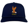 The EMB Augusta USA Rugby Heritage Braid Cap features an embroidered eagle with outstretched wings above yellow "USARFU" text on the front—a classic navy blue cap for true fans.