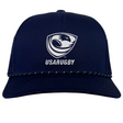 The EMB Augusta USA Rugby Navy/White Crest Braid Cap features the USA Rugby logo and "USARUGBY" text on the front, with stylish white trim on the brim.
