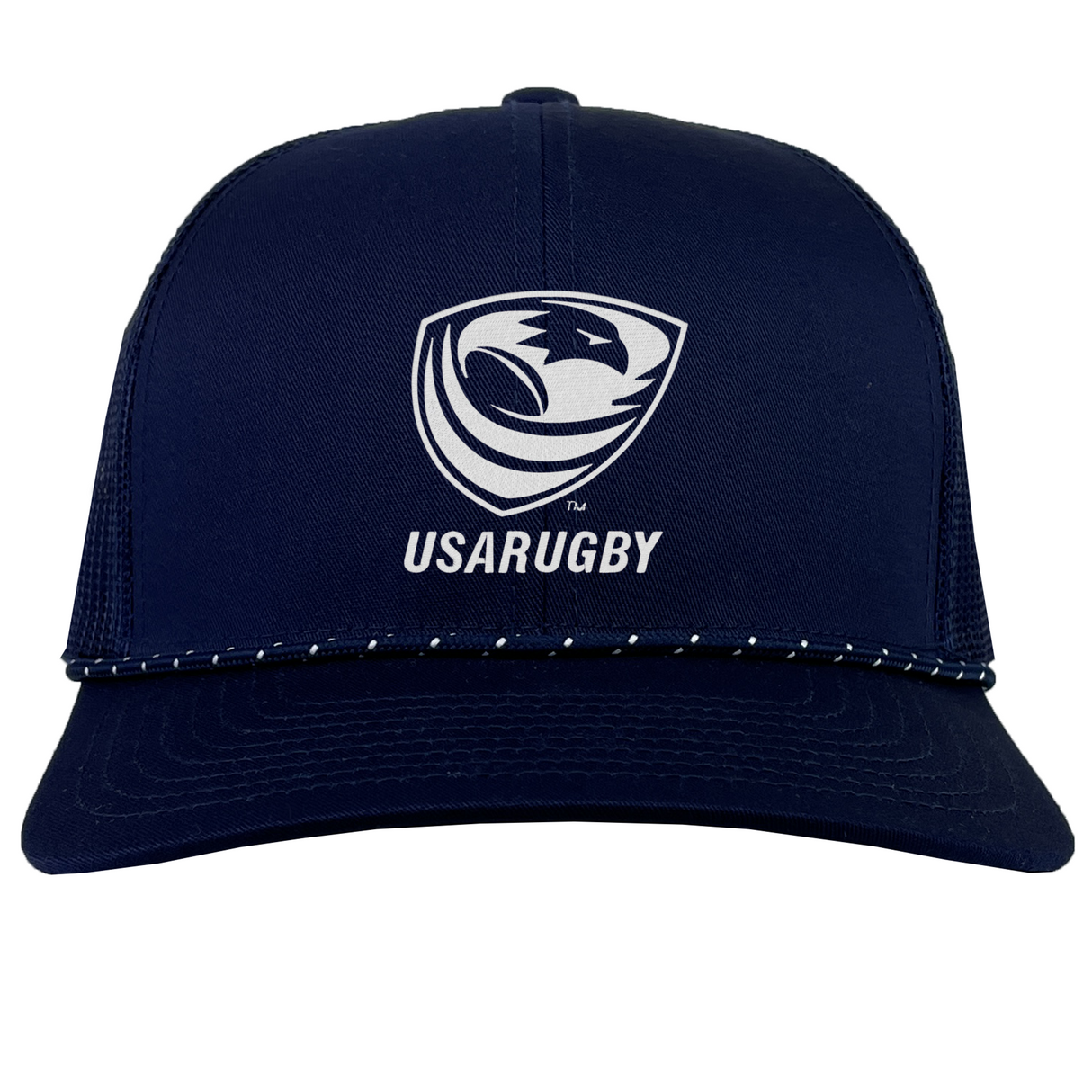 The EMB Augusta USA Rugby Navy/White Crest Braid Cap features the USA Rugby logo and "USARUGBY" text on the front, with stylish white trim on the brim.