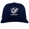 The EMB Augusta USA Rugby Navy/White Crest Braid Cap features the USA Rugby logo and "USARUGBY" text on the front, with stylish white trim on the brim.