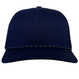 The Augusta Sportswear Trucker Snapback Braid Cap features a true navy blue color, curved brim, and mesh back.
