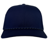 The Augusta Sportswear Trucker Snapback Braid Cap features a true navy blue color, curved brim, and mesh back.