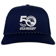 Celebrate USA Rugby's 50th with the EMB Augusta navy blue trucker snapback braid cap, featuring a white "50" logo with stars and a stylized eagle.