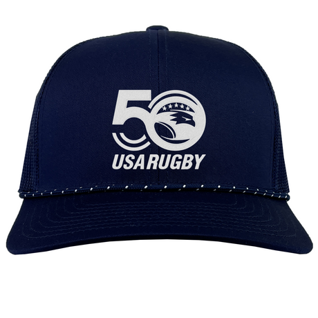 Celebrate USA Rugby's 50th with the EMB Augusta navy blue trucker snapback braid cap, featuring a white "50" logo with stars and a stylized eagle.