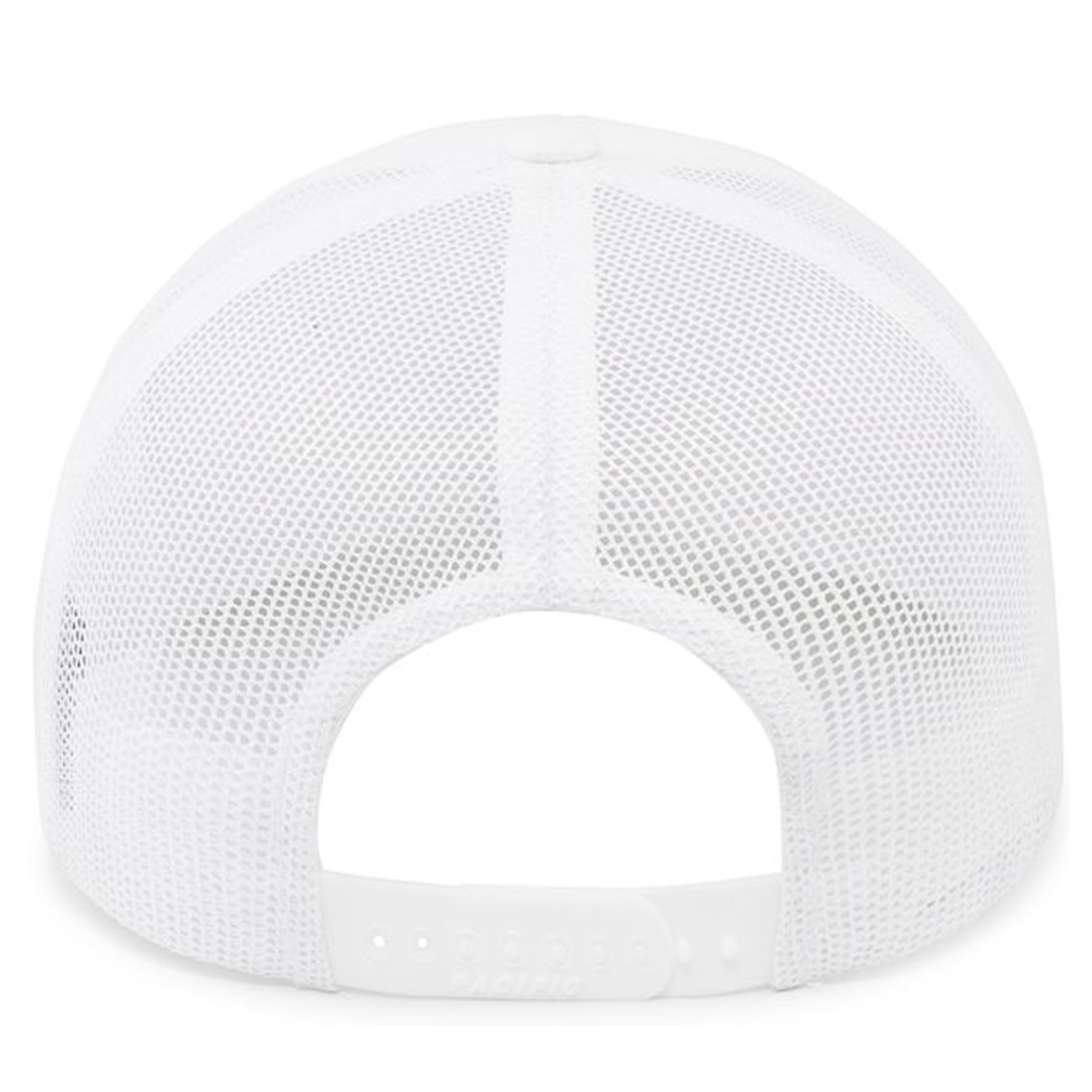 Back view of the Augusta Sportswear Trucker Snapback Braid Cap in white mesh, featuring an adjustable closure for the perfect fit.