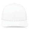Front view of the Trucker Snapback Braid Cap by Augusta Sportswear, featuring a plain white finish with mesh back and black stitching detail on the brim.