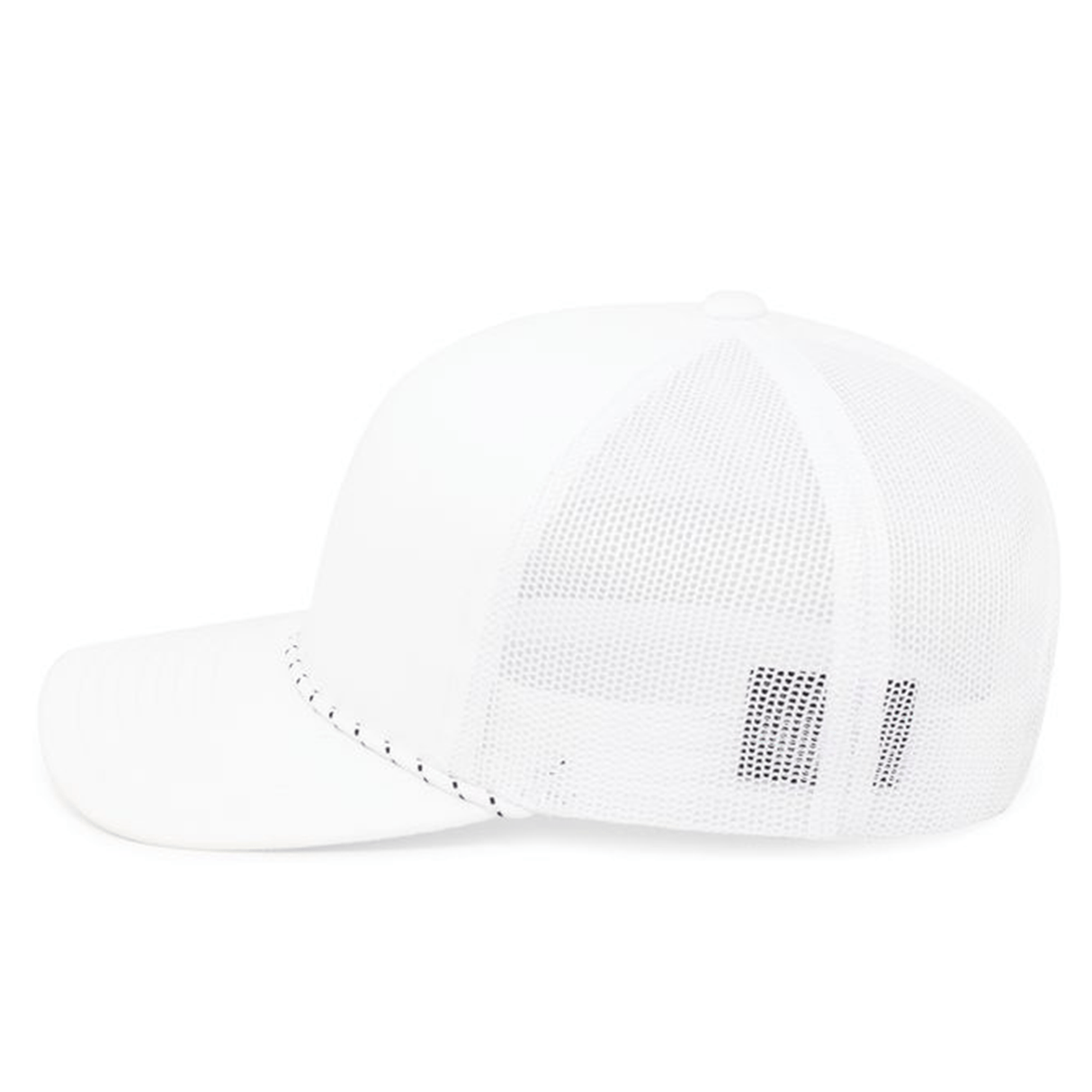 Just In: Augusta Sportswear's Trucker Snapback Braid Cap boasts a solid white front panel, mesh rear, and curved brim, viewed stylishly from the side.
