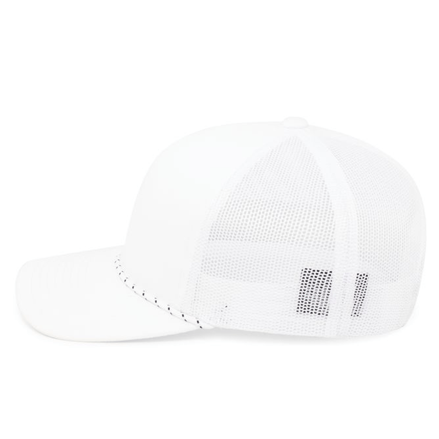 Just In: Augusta Sportswear's Trucker Snapback Braid Cap boasts a solid white front panel, mesh rear, and curved brim, viewed stylishly from the side.