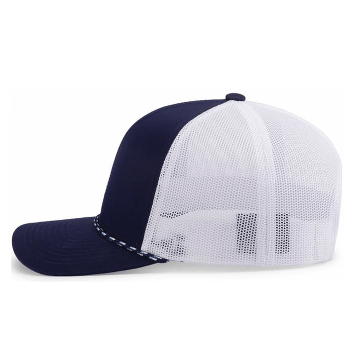 The Trucker Snapback Braid Cap by Augusta Sportswear pairs style and comfort with a navy blue and white mesh design, featuring a patterned rope detail on the brim.
