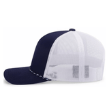 The Trucker Snapback Braid Cap by Augusta Sportswear pairs style and comfort with a navy blue and white mesh design, featuring a patterned rope detail on the brim.