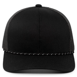 The Trucker Snapback Braid Cap by Augusta Sportswear features a black cotton blend with mesh back and beaded brim detail.