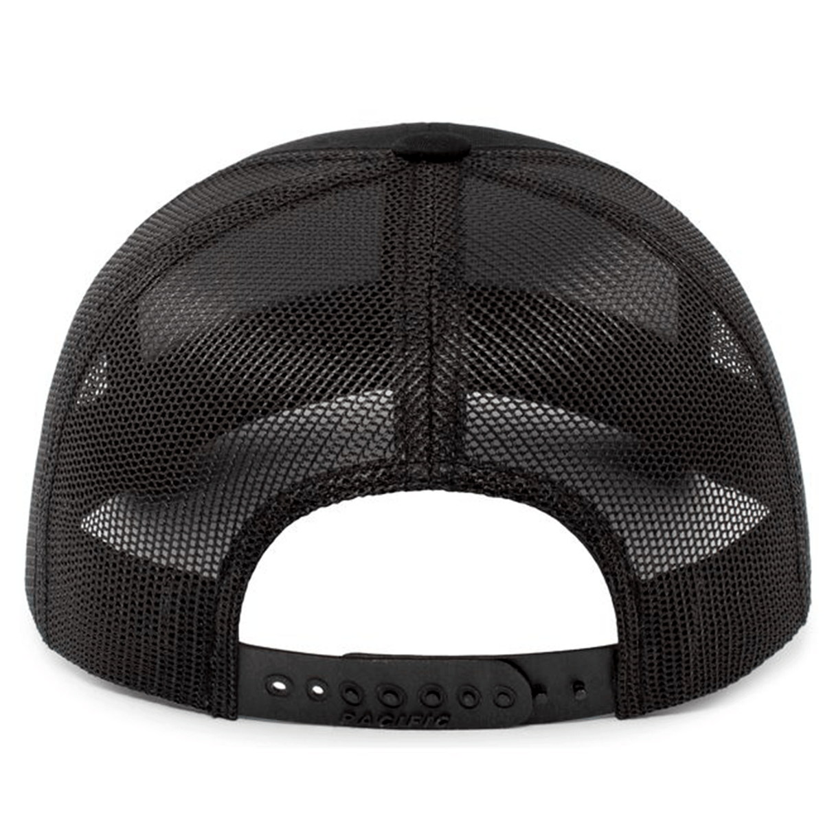 Back view of the Trucker Snapback Braid Cap by Augusta Sportswear, a stylish black mesh hat made from a cotton blend, with an adjustable snapback closure.