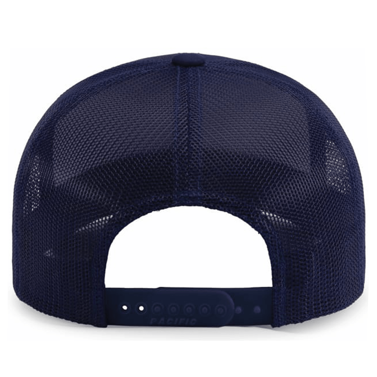 Back view of the EMB Augusta USA Rugby 50th Anniversary Trucker Snapback Braid Cap in navy blue mesh, featuring an adjustable plastic snap closure from the Commemorative Collection.