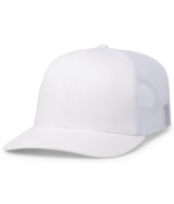 Augusta Sportswear White Trucker Snapback Cap with a solid front panel and mesh back panels on a white background.