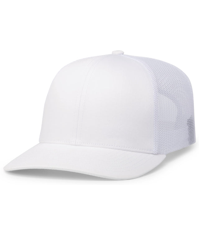 Augusta Sportswear White Trucker Snapback Cap with a solid front panel and mesh back panels on a white background.