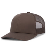 Brown Augusta Sportswear Trucker Snapback Cap with a solid front and mesh back on a white background.