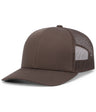 Brown Augusta Sportswear Trucker Snapback Cap with a solid front and mesh back on a white background.