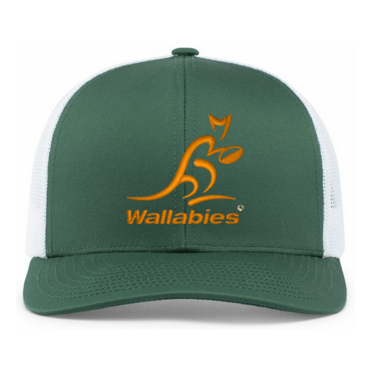 The Australia Wallabies Trucker Snapback - Limited Edition by Augusta Sportswear features a green and white design with an orange kangaroo logo and "Wallabies" on the front—perfect for Australia Wallabies fans.