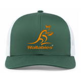The Australia Wallabies Trucker Snapback - Limited Edition by Augusta Sportswear features a green and white design with an orange kangaroo logo and "Wallabies" on the front—perfect for Australia Wallabies fans.