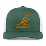 The Australia Wallabies Trucker Snapback - Limited Edition by Augusta Sportswear features a green and white design with an orange kangaroo logo and "Wallabies" on the front—perfect for Australia Wallabies fans.