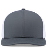Augusta Sportswear's Trucker Snapback Cap is presented from the front against a plain background, showcasing its gray and white design with contrast stitching, a curved brim, and a mesh back.