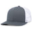 Augusta Sportswear's Trucker Snapback Cap features a gray and white mesh design with a curved brim, highlighting its mid-profile appearance from a slight angle. The pro-stitched finish enhances both durability and style.